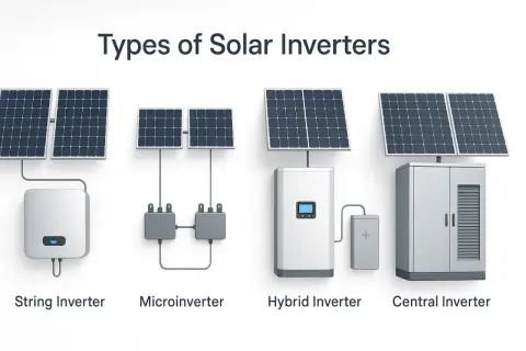 Ilustración de cuatro sistemas de energía solar: inversor de cadena, microinversor, inversor híbrido y central.