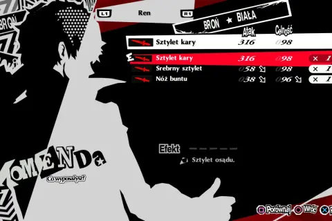 Menu ekwipunku w Persona 5 Royal spolszczenie. Ren wybiera broń, widoczne statystyki i przedmioty.