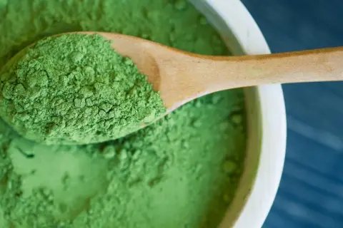 Zielony proszek na drewnianej łyżce, w misce. To spirulina – co to jest? Superfood pełen wartości.
