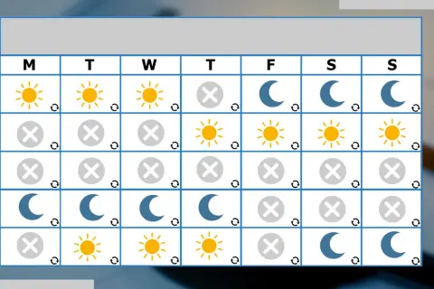 Calendario con icone di sole, luna e croce. Indica una possibile pianificazione per una pausa lavoro di 6 ore.
