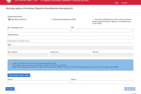 Formularz wyszukiwania beneficjenta rzeczywistego w CRBR. Można szukać po podmiocie, PESEL lub dacie urodzenia.