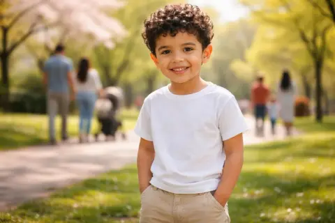 Un jeune garçon au prénom en K, souriant, profite d'une belle journée au parc.