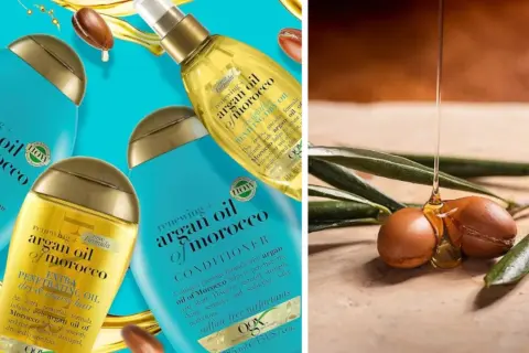 Botellas de champú, acondicionador y aceite de argán, destacando sus propiedades para el cabello. Gotas de aceite dorado fluyen sobre frutos secos de argán.