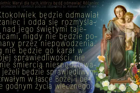 Matka Boża z Dzieciątkiem, z różańcem w dłoniach, symbolizująca modlitwę fatimską i obietnicę życia wiecznego.