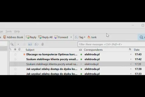 Widok skrzynki odbiorczej bluemail z listą wiadomości od elektroda.pl.