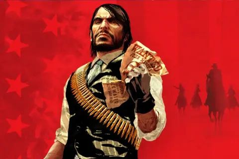 John Marston z Red Dead Redemption na PS5, z plakatami "Wanted" w ręku.