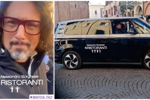 Alessandro Borghese con il furgone di 4 Ristoranti a Mantova. Il conduttore è pronto per una nuova sfida culinaria.