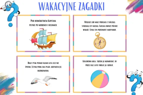Wakacyjne zagadki: statek, kompas, mewa i piłka plażowa. Rozwiąż zagadkę o wodzie!