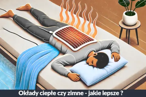 Osoba leży na łóżku z poduszką pod głową, a na plecach ma podłączoną poduszkę elektryczną. Płomienie unoszą się nad nią, sugerując, że stan zapalny chłodzić czy rozgrzewać to ważna kwestia.
