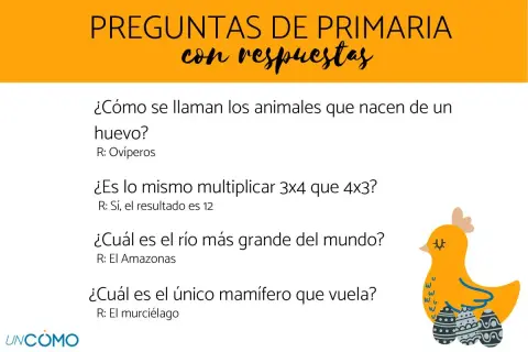 Preguntas para niños sobre animales, matemáticas y geografía. Incluye un dibujo de un pollito con huevos.