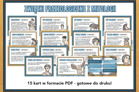 Grafika z tytułem "Związki frazeologiczne z mitologii" i ilustracjami postaci z mitologii greckiej.