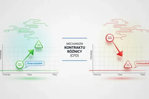 Grafika ilustruje mechanizm kontraktu różnicowego (CFD). Po lewej zielony wykres pokazuje wzrost, po prawej czerwony spadek.