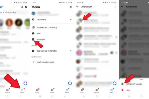 Jak odzyskać znikające wiadomości na Messengerze? Kliknij Menu, potem Archiwum, a następnie "Cofnij archiwizację".