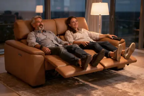 Ein Paar entspannt sich auf einer ledernen, ergonomischen Couch. Die Füße sind hochgelegt, die Gesichter lächeln.