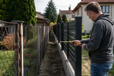 Mężczyzna mierzy nowy, ciemny płot, który stoi tuż obok starego, zardzewiałego. Czy można postawić płot przy płocie?