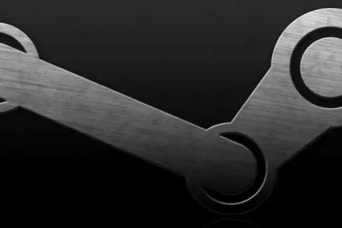 Metaliczne logo Steam na czarnym tle. Platforma powstała w 2003 roku, rewolucjonizując cyfrową dystrybucję gier.