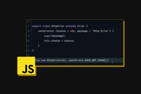 Fragment kodu w języku JavaScript, definiujący klasę HttpError i rzucający nowy błąd 404.