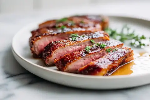 Tranches de filet de canette juteux, nappées d'une sauce brillante et garnies de thym frais, sur une assiette blanche.