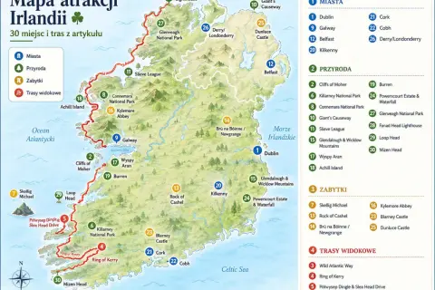 Mapa atrakcji Irlandii: zobacz Dublin, Galway, Killarney NP, Ring of Kerry, Cliffs of Moher i inne miejsca.