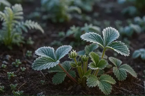 Młode rośliny truskawek pokryte szronem na ziemi.