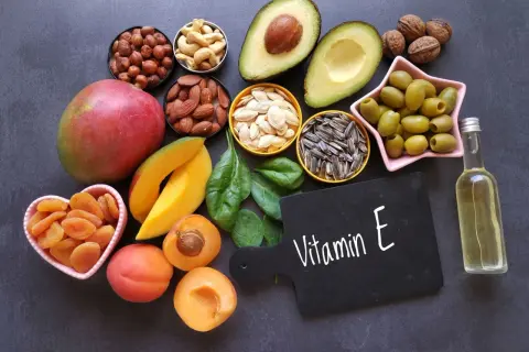 Vielfalt an vitamin e lebensmittel: Nüsse, Samen, Avocado, Mango, Spinat, Oliven, Aprikosen und Öl.