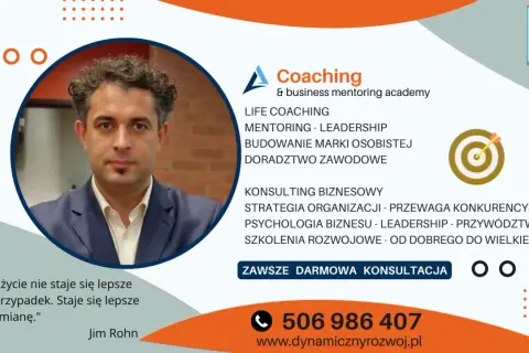 Portret mężczyzny w garniturze, logo "Coaching & business mentoring academy", cel z strzałką, cytat i dane kontaktowe.