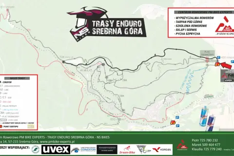 Mapa tras rowerowych Srebrna Góra. Centrum Rowerowe PM Bike Experts oferuje wypożyczalnię, szkolenia i serwis.
