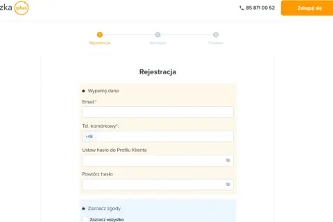 Formularz rejestracyjny Pożyczka Plus. Uzupełnij dane, aby zalogować się do swojego profilu.