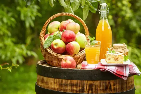 Frischer, selbstgemachter Apfelsaft in einer Flasche und einem Glas, daneben ein Korb voller Äpfel und ein Stück Apfelkuchen. Haltbarkeit von selbstgemachtem Apfelsaft beachten.