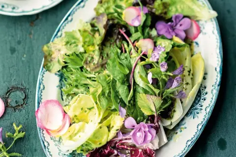 Frischer Blattsalat mit essbaren Blüten und Radieschen, ein frühlingshaftes Salat Rezept.