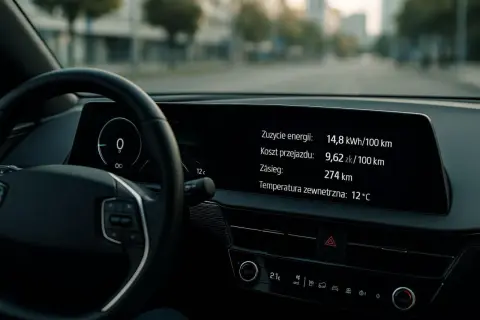 Wskaźnik pokazuje zużycie energii 14,8 kWh na 100 km, koszt przejazdu 9,62 zł/100 km i zasięg 274 km. Temperatura zewnętrzna to 12°C.