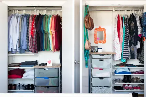 A well-organized closet with hanging clothes, folded items, shoes, and mesh drawers, showcasing a functional diy closet organizer.