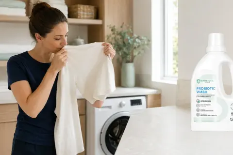 Frau riecht an einem T-Shirt, um hartnäckigen Schweißgeruch aus Kleidern zu entfernen. Daneben steht eine Flasche Synbiotic Wash.