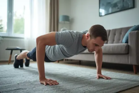 Un homme en position de gainage débutant, effectuant des pompes sur un tapis dans son salon.