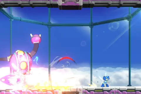 Megaman walczy z różowym robotem w przestworzach.