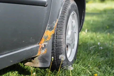Widoczna rdza pod lakierem na progu samochodu, obok opony i zielonej trawy.