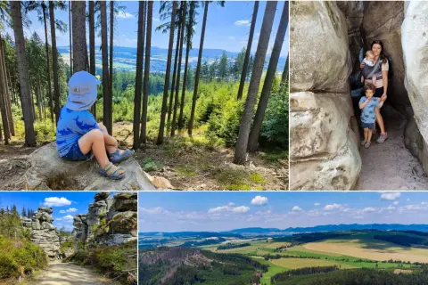 Dziecko siedzi na pniu w lesie, rodzina z dziećmi w skalnej szczelinie, ścieżka wśród skalnych formacji, krajobraz z polami i lasem. W oddali widać skalny ostaniec.