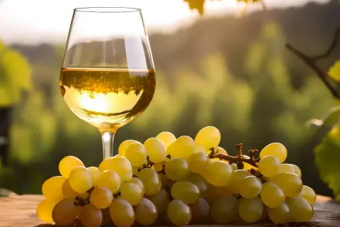 Calice di vino bianco e grappoli d'uva dorata su un tavolo di legno. Le caratteristiche del vino Lugana si riflettono nel colore ambrato e nella freschezza.