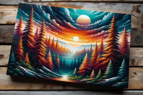 Peinture acrylique vibrante d'une forêt de pins au coucher du soleil, sur un support bois. Les couleurs chaudes et froides contrastent sur ce support bois pour peinture acrylique.