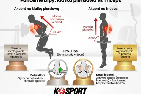 Pompki na poręczach: akcent na klatkę (pochylenie 30-45°) vs triceps (pozycja pionowa). Detale dłoni i łopatek.