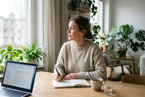 Kvinna skriver i anteckningsbok vid fönstret, omgiven av växter. Hon verkar fundera på en **gad behandling**.