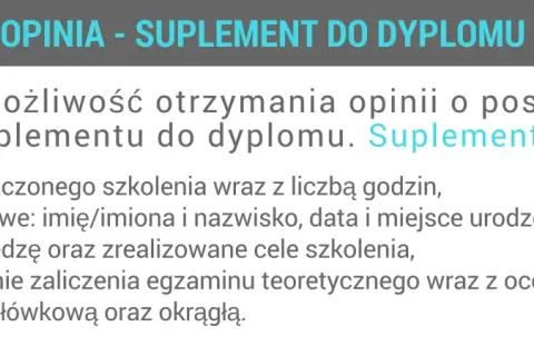 Opinia - suplement do dyplomu zawiera dane szkolenia, osobowe, wiedzę, ocenę egzaminu i pieczęcie.