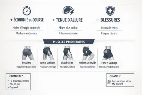 Infographie sur les bénéfices d'un circuit renforcement musculaire : économie de course, tenue d'allure, moins de blessures. Muscles prioritaires : fessiers, ischios, quadriceps, mollets, tronc.