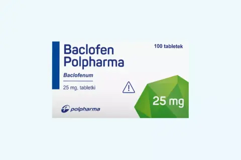 Opakowanie leku Baclofen Polpharma, 100 tabletek po 25 mg. Stosowany w leczeniu spastyczności.