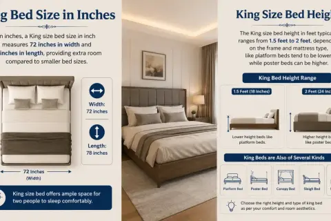 A king size bed measures 72 inches wide and 78 inches long, offering ample space for comfortable sleep.