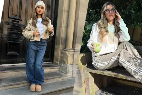 Due donne mostrano come vestono gli UGG: una con jeans larghi e giacca corta, l'altra con felpa e pantaloni sportivi.
