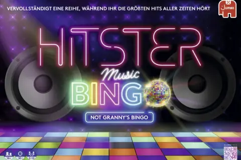 Hitster Bingo: gra, w której tworzysz linie, słuchając największych hitów wszech czasów. Kolorowa dyskoteka i głośniki tworzą atmosferę imprezy.