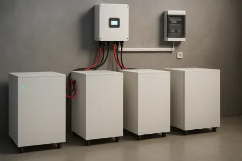 Białe moduły magazynu energii podłączone do falownika na szarej ścianie.