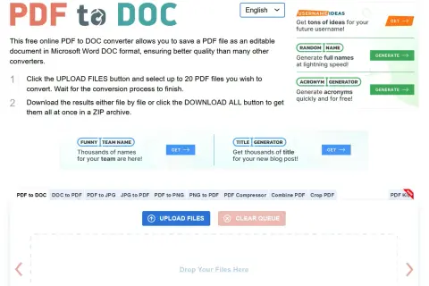 Konwertowanie z PDF do Word. Strona oferuje darmowe narzędzie do konwersji plików PDF do edytowalnego formatu Word.