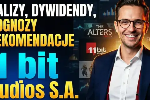 Uśmiechnięty mężczyzna w okularach na tle wykresów i logo 11 bit studios S.A.